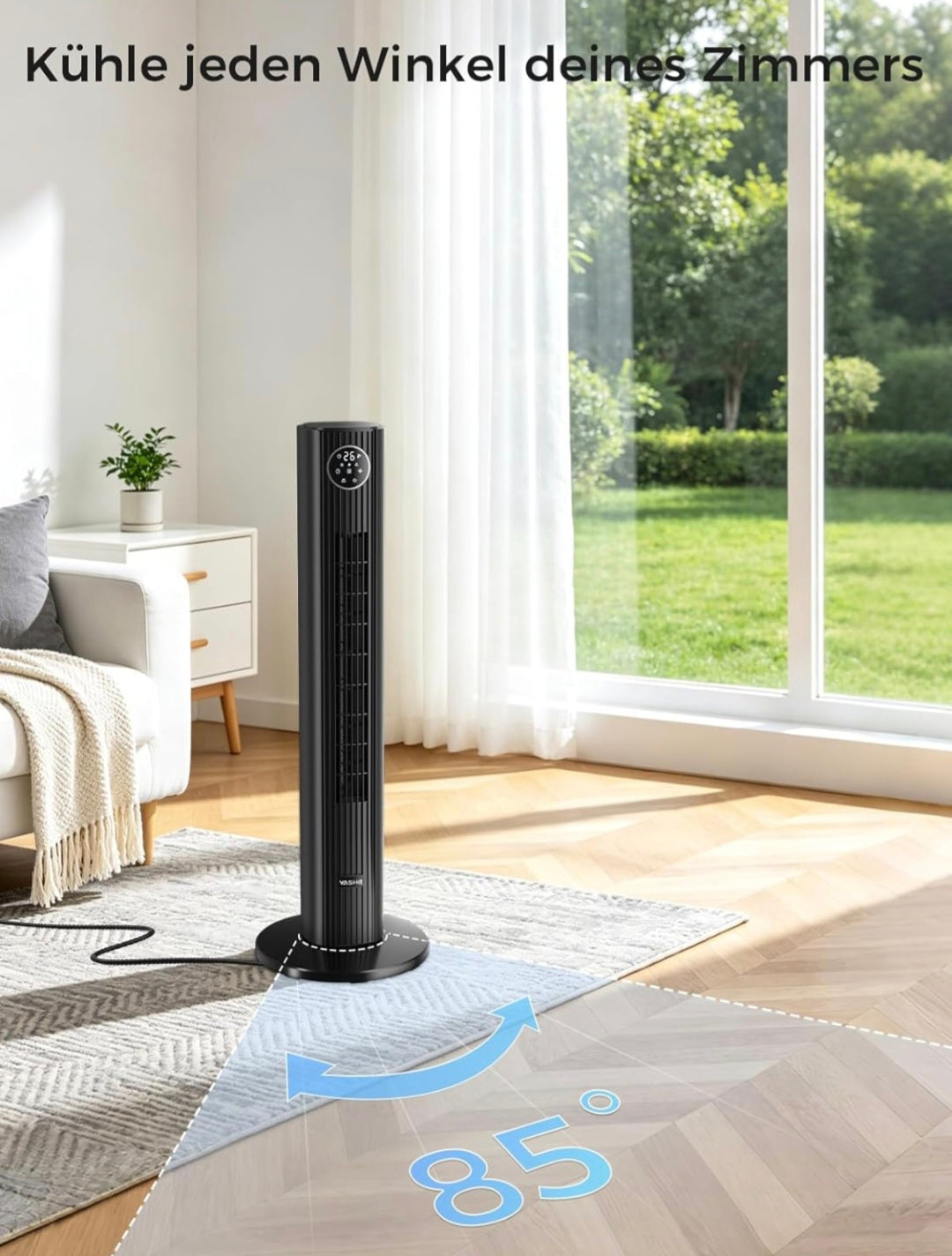 Starker Turmventilator 90 cm mit Fernbedienung, leiser Standventilator mit 28 dB, 3 Geschwindigkeiten, 4 Modi, 85° Oszillation, LED-Touch-Display, 12 Std. Timer, für Schlafzimmer, Büro und Zuhause