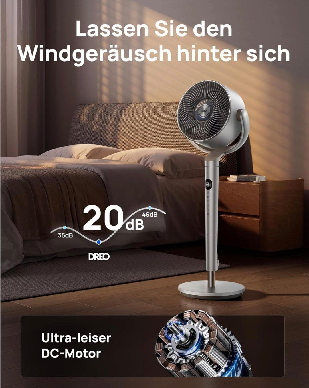 Starker Standventilator - Oszillierender Ventilator mit Fernbedienung / Bodenventilator / Turmventilator , 8H Timer, Silber