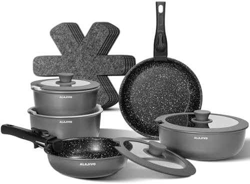 Topfset mit Abnehmbarer Griff, 17-Teilig Topfsets Pfannenset mit Antihaft Beschichtet, Topfset Induktion Kochtopf Set mit Deckel, für Alle Herdarten, Backofenfest, Ofenfest (grau)