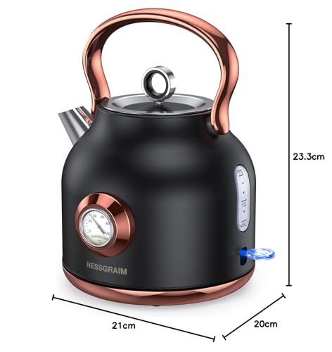 Retro Wasserkocher, 1,7 Liter Edelstahl Teekessel mit grosser Temperaturanzeige, 2200 W Schnellerhitzung Heisswasserkessel mit LED-Anzeige, Schwarz oder Weiss