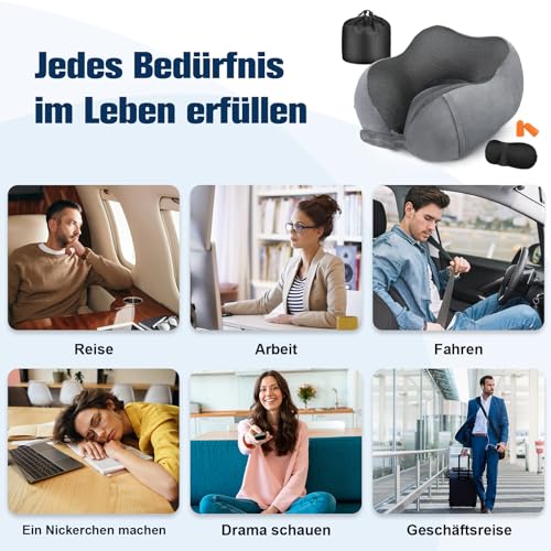 Cirorld Nackenkissen Flugzeug, Nackenhörnchen Erwachsene, Reisekissen Memory Foam, Verstellbares Kompaktes Nackenkissen Reise, Ergonomisches Weich Atmungsaktiv mit Ohrstöpseln, Augenmaske,Tragetasche