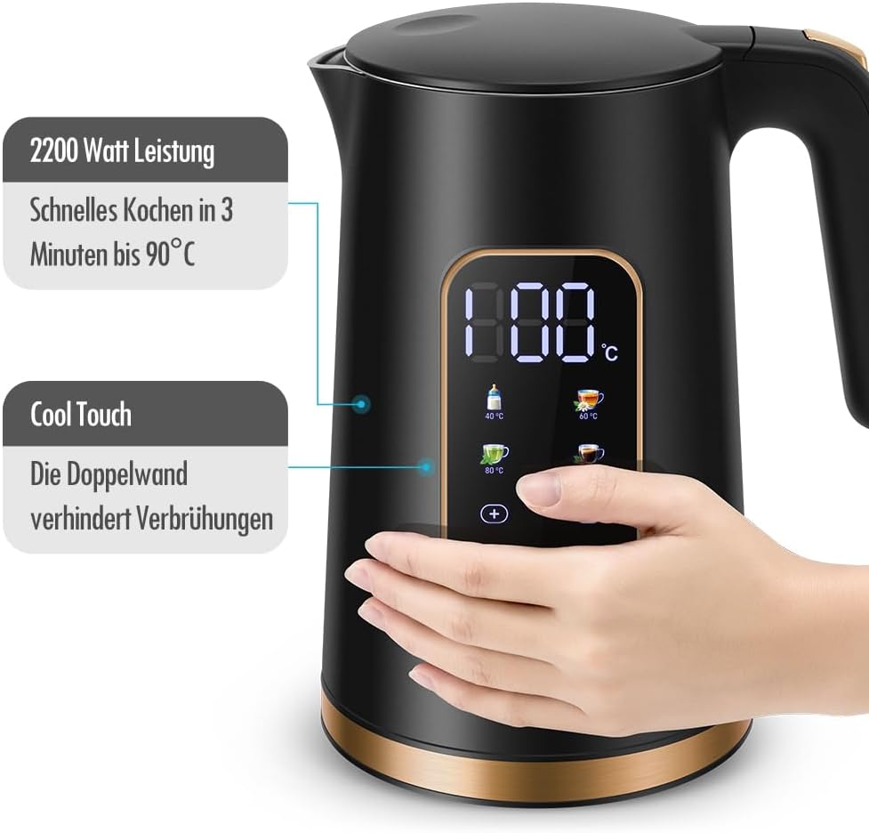 Edelstahl Wasserkocher 1,7 L mit Temperatureinstellung Temperaturauswahl 40-100°C I LED Digitale Temperaturanzeige I Temperatureinstellbare Wasserkocher I Teekanne Teekessel Wärmefunktion