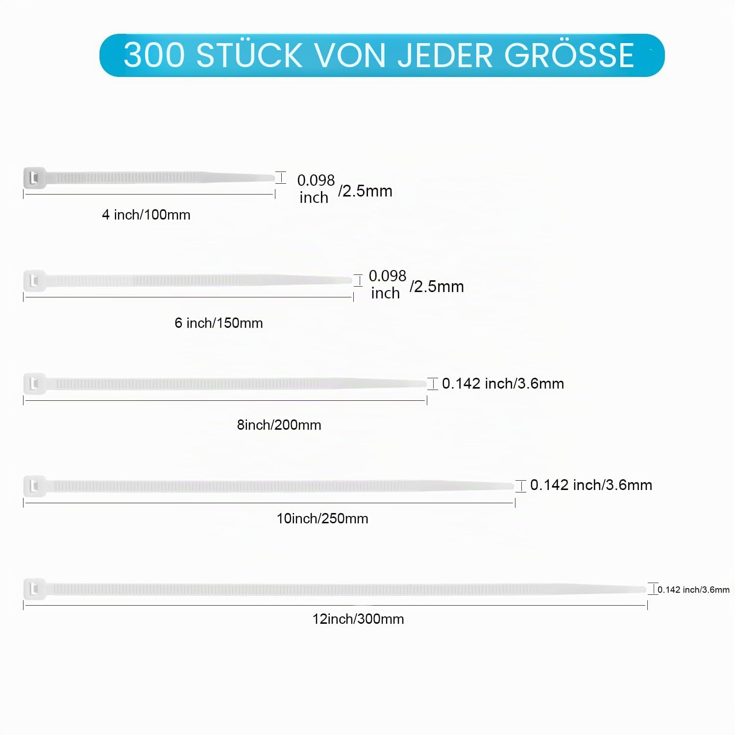 1500 Stück Kabelbinder Schwarz Set, 100/150/200/300 mm(je 300 Stück), UV Beständig Nylon Verschiedene Größen Super Haltbar Selbsthemmend Kabelbinder für Zuhause, Büro, Garten und Werkstatt