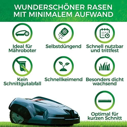 Roboter Rasensamen Unkraut-frei / Schnellkeimend 1kg Sommer – TEST SEHR GUT - Selbstdüngend Roboter Rasensaat für ALLE Mähroboter - 100% Keimgarantie - Nachsaat Grassamen von NATUREFLOW Made in Germany