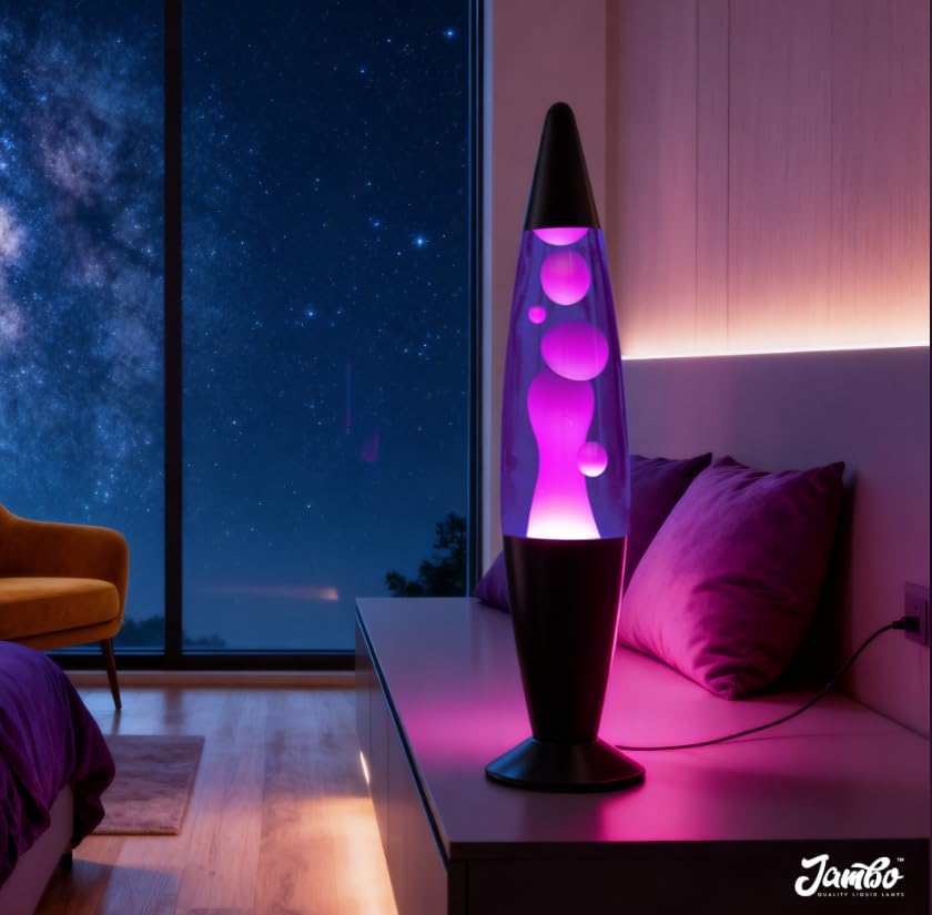 Jambo Liquid-Motion-Lampe mit schwarzem Sockel (Black Base, Purple Liquid, White Wax, 16")