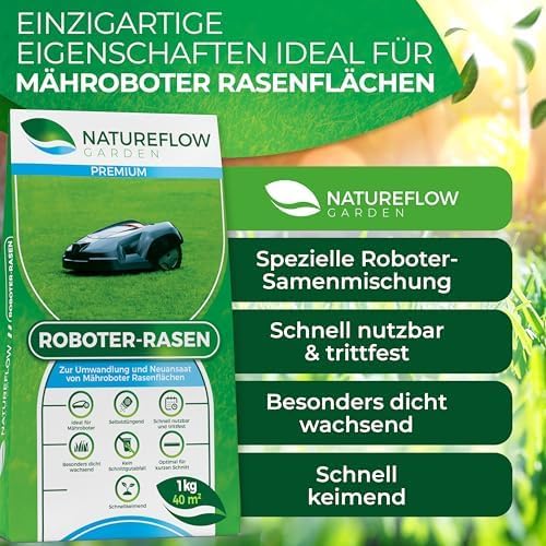 Roboter Rasensamen Unkraut-frei / Schnellkeimend 1kg Sommer – TEST SEHR GUT - Selbstdüngend Roboter Rasensaat für ALLE Mähroboter - 100% Keimgarantie - Nachsaat Grassamen von NATUREFLOW Made in Germany
