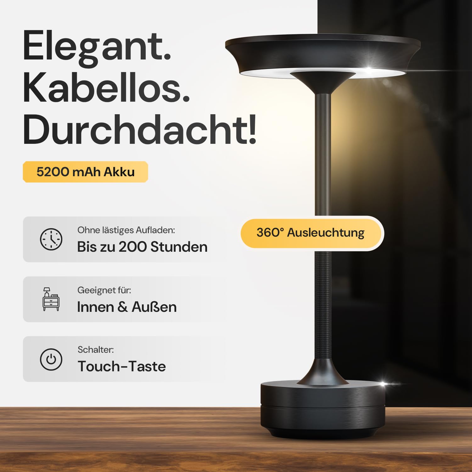 LED Tischlampe Wireless - Stilvolles Design mit Batterie & USB-C - 3 Lichtfarben & Dimmfunktion - Drahtlose Freiheit für Outdoor & Indoor - Dimmbare Batterietischlampe Wiederaufladbar