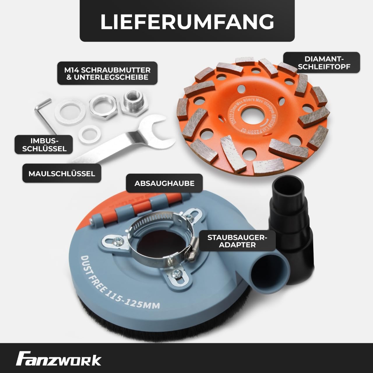 Absaugaufsatz Absaughaube für Winkelschleifer inkl. 125 mm Diamantschleiftopf PROFI QUALITÄT – Bürsten auswechselbar – 99% universal passend – verstärkter Adapterring – M14 Adapter