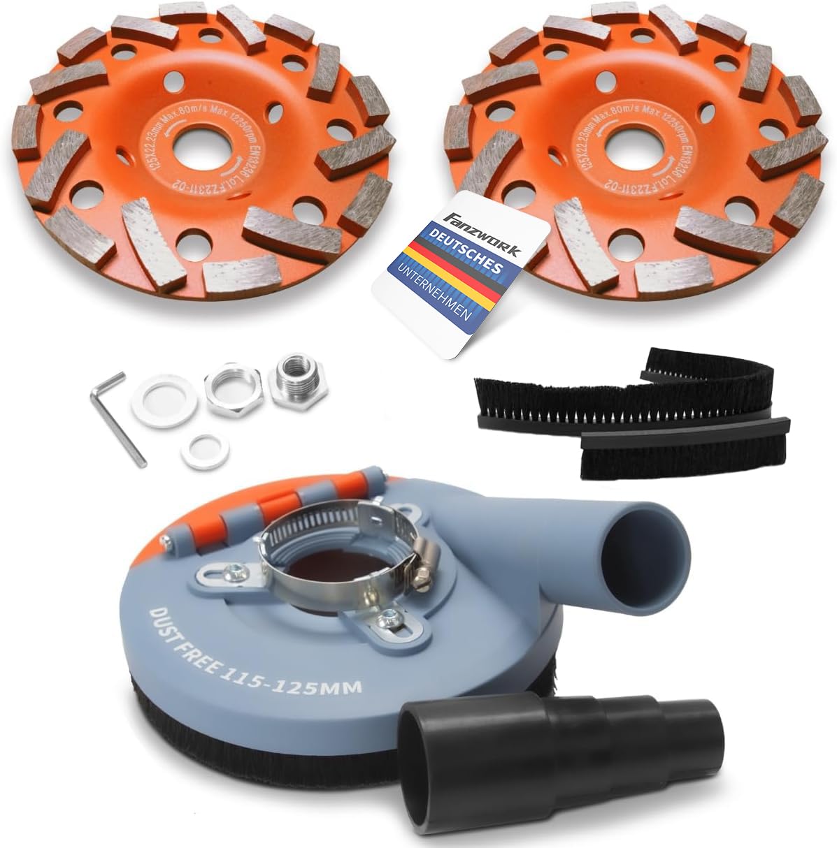 Absaugaufsatz Absaughaube für Winkelschleifer inkl. 125 mm Diamantschleiftopf PROFI QUALITÄT – Bürsten auswechselbar – 99% universal passend – verstärkter Adapterring – M14 Adapter