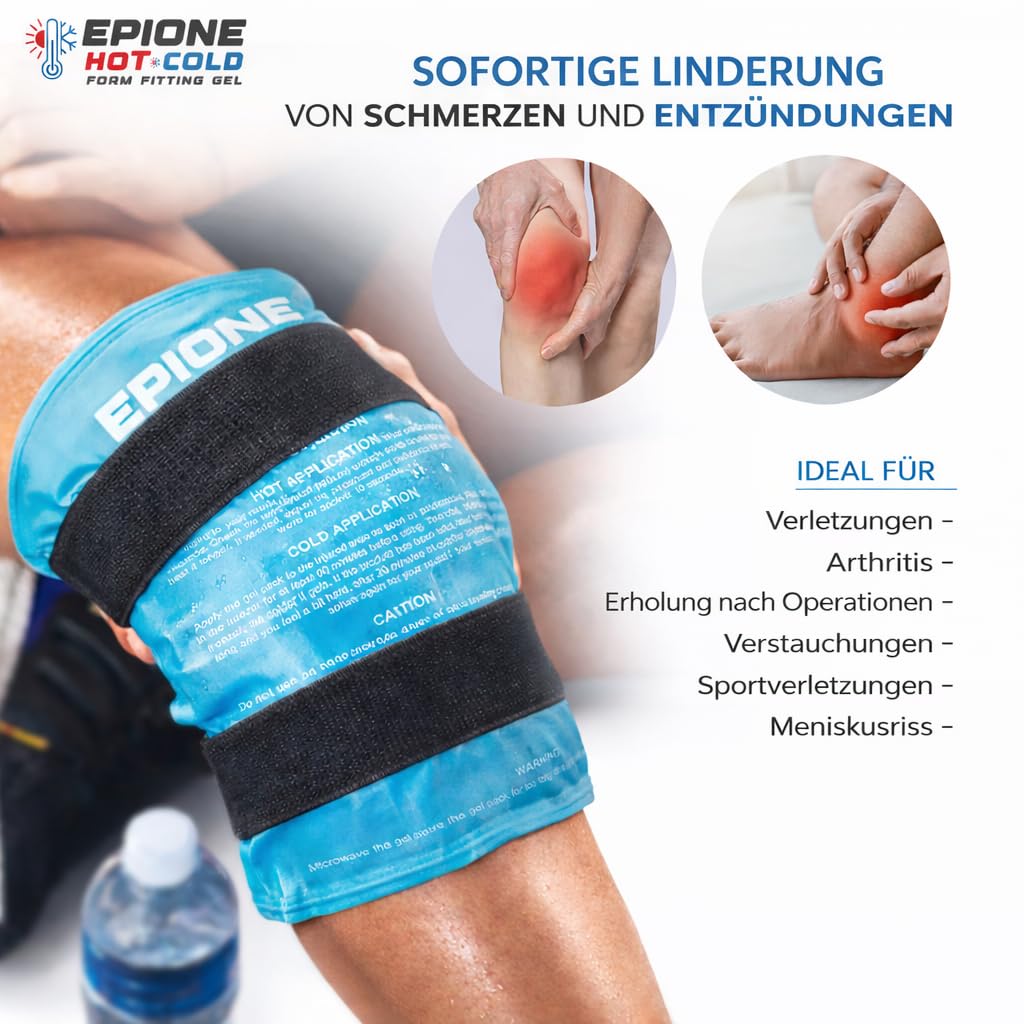 Kühlpads Epione 3XL Gelkissen kalt/warm – mit elastischem Gurt und Stoffhülle – wiederverwendbar zur Schmerzlinderung bei Muskel‑ und Gelenkschmerzen, Verletzungen und Physiotherapie