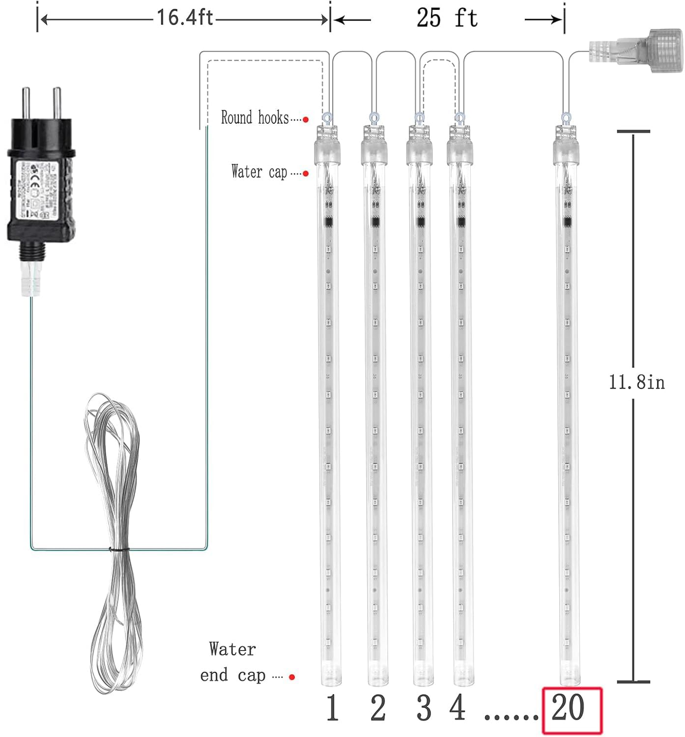 Weihnachtsdekoration im Freien, 20 Röhren (entspricht 2 Sätzen von 10 Röhren) Meteorschauer Feenlichter, wasserdichte Feenlichter für Weihnachten, Halloween, Baumhof, Weihnachtsdekoration im Freien, Blau