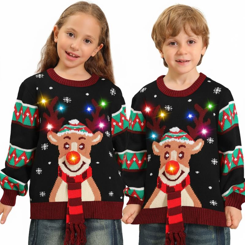 Hässliche Weihnachtspullover Kinder mit LED, hässlicher Weihnachtspullover, lustiges Weihnachtspullover Familienset, Weihnachtspullover Weihnachten mit Beleuchtung für Mädchen, Jungen