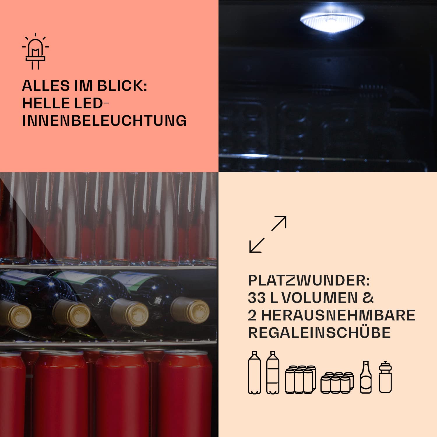 Getränkekühlschrank 33 L – Mini Kühlschrank mit Glastür, Silber-Schwarz | LED-Beleuchtung, herausnehmbare Metallablagen, leise, Flaschenkühlschrank für Getränke & Dosen