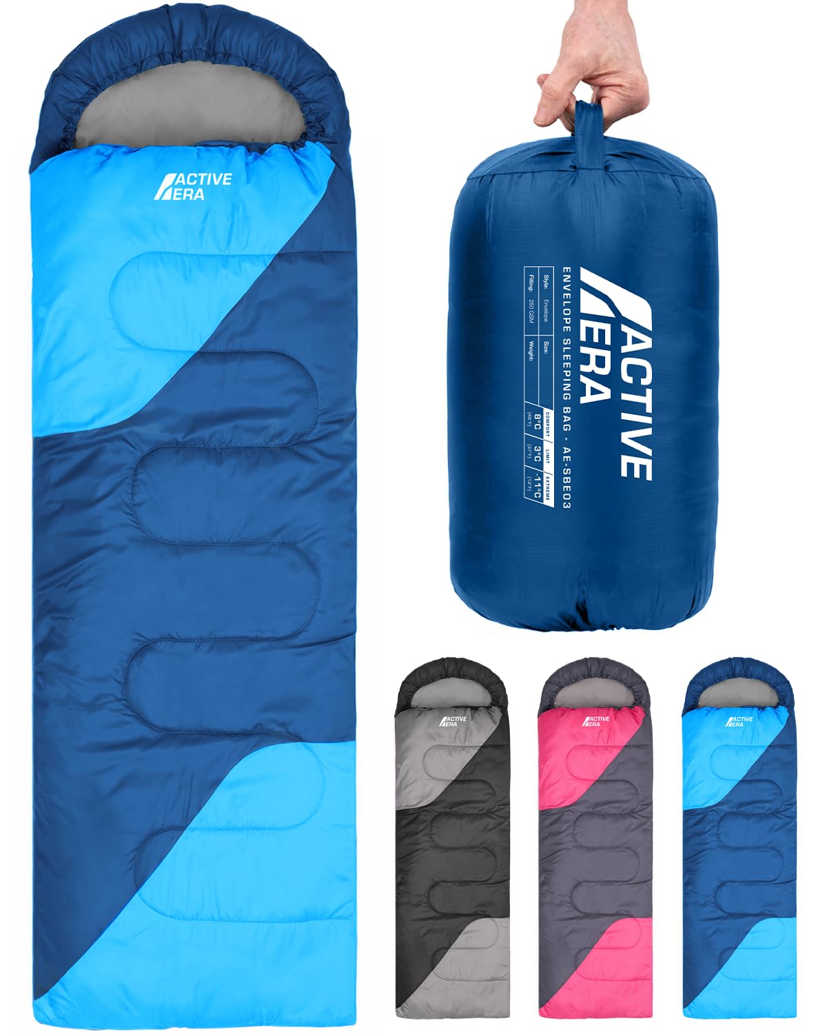Active Era Premium Mumienschlafsack 250 GSM, Schlafsack Winter & Sommer, 0°C bis 15°C, Indoor und Outdoor Camping, Festivals, Sleeping Bag Wasserabweisend, Ultraleicht, Kleines Packmaß