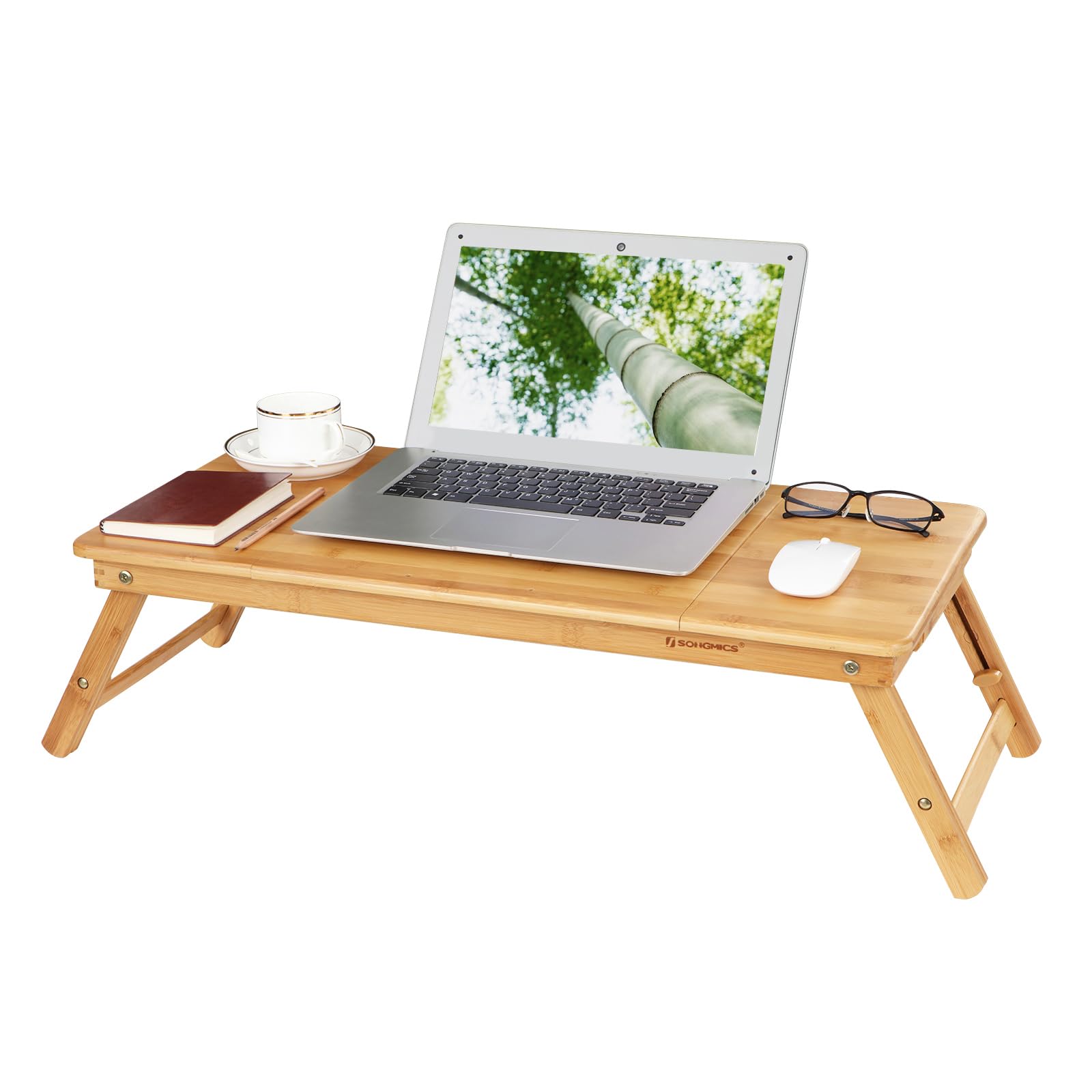 Laptoptisch für Bett, Laptopständer, Winkel- und höhenverstellbar, klappbare Beine, für Laptops bis 15,6 Zoll, Arbeiten, Lesen, Bambusbeine, Schublade, 55,5 x 34,9 cm, vintagebraun LLD105B01