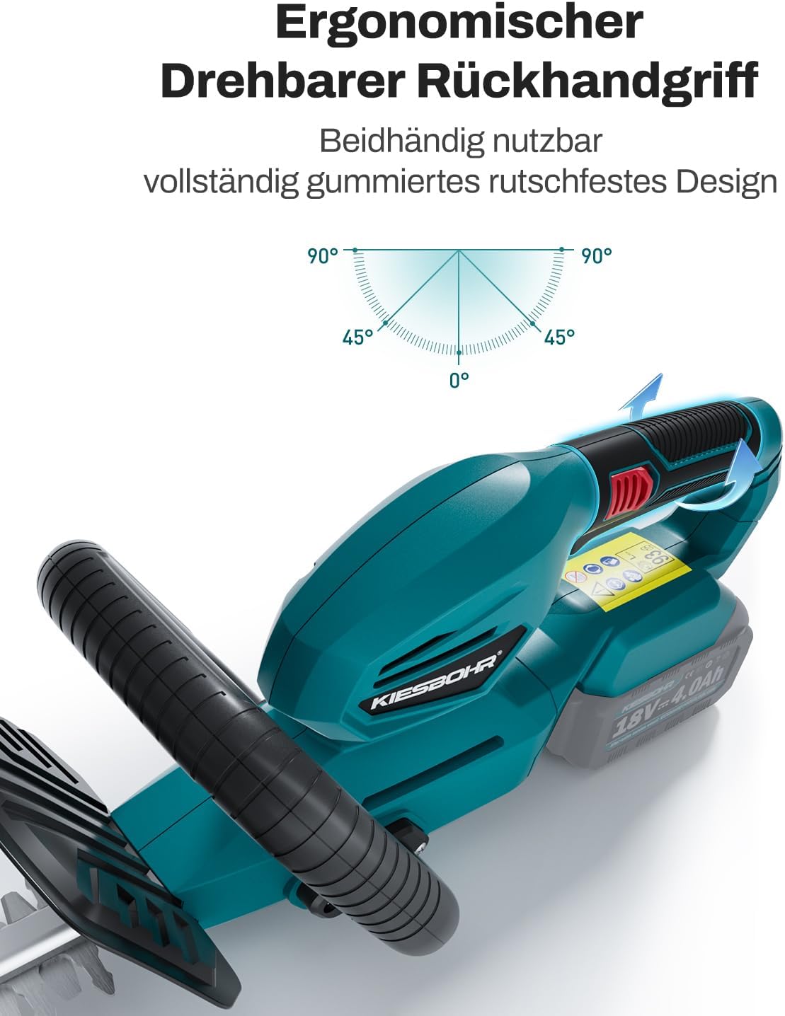 Akku Heckenschere Kompatibel mit Makita 18V Akku, 59 cm Schnittlänge, 18 mm Zahnabstand, Winkelverstellbarer Griff, Elektro Heckenschere