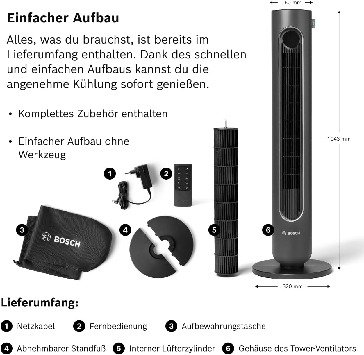 Bosch Tower Fan , Leiser Turmventilator, Midnight Grey | Mit Fernbedienung, 8 Geschwindigkeitsstufen, 90° Oszillation, Nachtmodus & 8-Stunden-Timer, 19 dB(A)