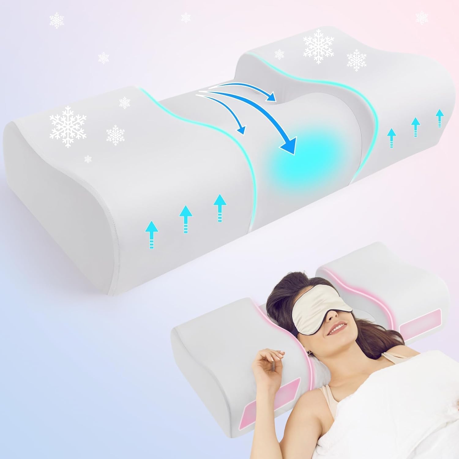 Nackenstützkissen gegen Nackenschmerzen, orthopädisches Kopfkissen, ergonomisches Memory Foam Nackenkissen mit 2 Höhen, Hohlraum & kühlendem Bezug, für Seiten- und Rückenschläfer