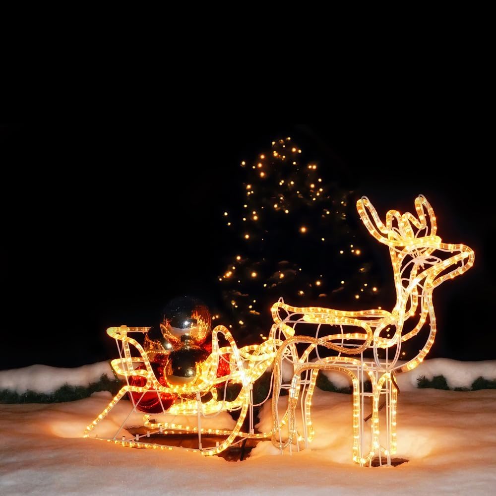 LED-Rentier mit Schlitten 11 m Seillicht für Innen- und Außenbereich 140 x 66 x 23 cm