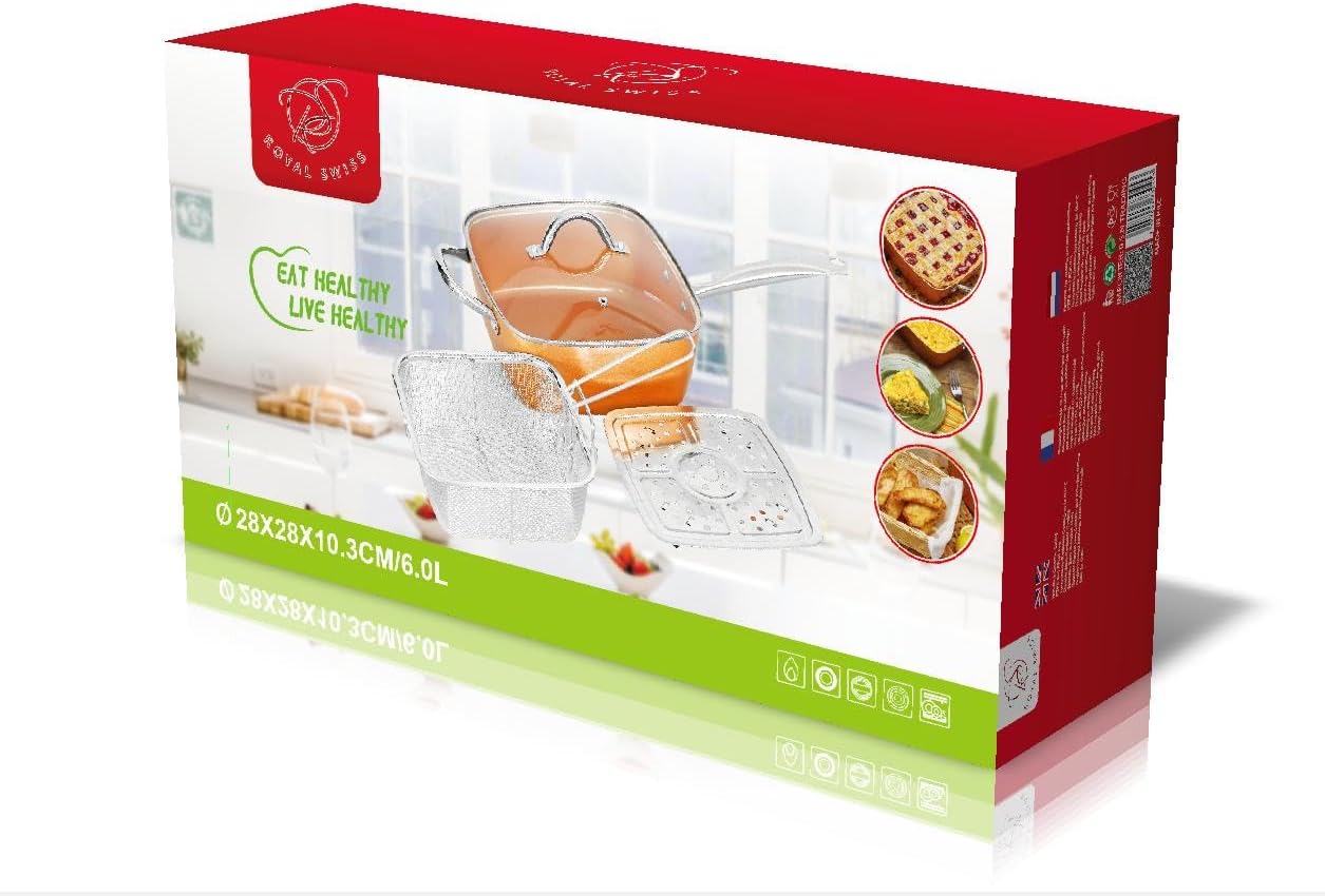 5-in-1 Multifunktions-Bratpfanne mit Deckel, Zubehör für 6 Personen, 6 l, 28 cm Ölfritteuse – PFOA-freie Antihaft-Keramikbeschichtung – Induktions-, Gas-, Elektro- und Backofengeeignet