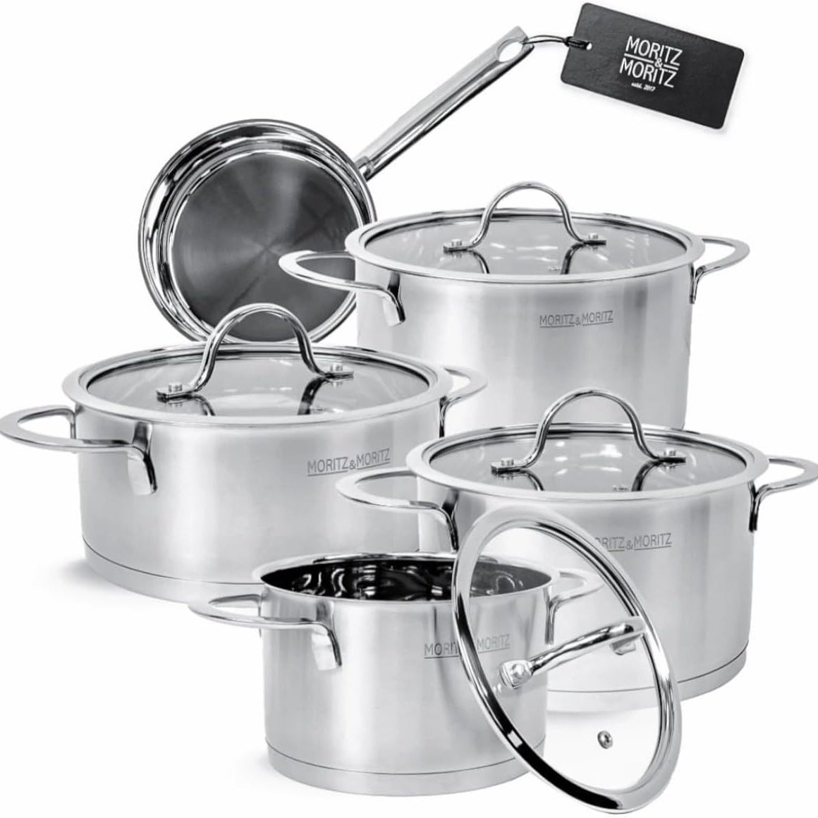 5-teiliges Kochtopfset inklusive 4 Glasdeckel - Edelstahltopf-Einführung & alle Hobs - Stilvolle Töpfe mit Deckel und Kochtopf - Geeignet für Geschirrspüler und Ofen