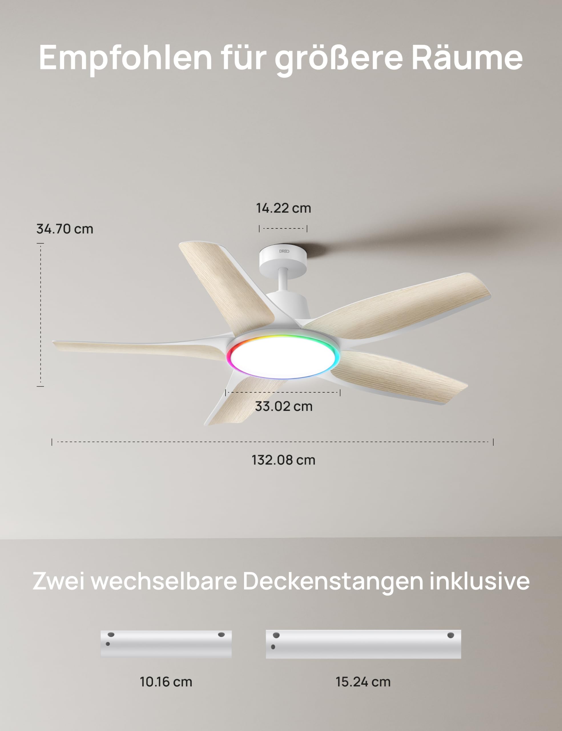Smarter Low-Profile-Deckenventilator mit Licht, 132 cm, dimmbare LED mit einstellbarer Farbtemperatur, RGB-Ambientlicht, leiser DC-Motor, einfache Montage, App- & Alexa-Steuerung, weiß