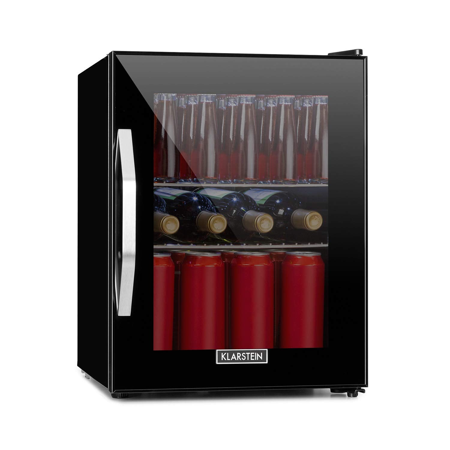 Getränkekühlschrank 33 L – Mini Kühlschrank mit Glastür, Silber-Schwarz | LED-Beleuchtung, herausnehmbare Metallablagen, leise, Flaschenkühlschrank für Getränke & Dosen