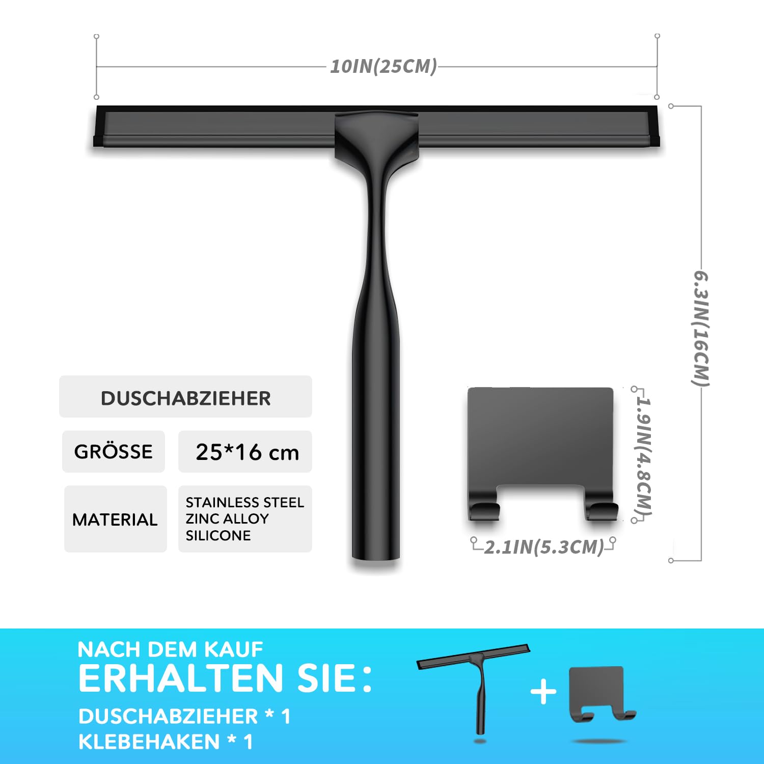 Edelstahl Duschabzieher Mit Selbstklebe Haken, Silber Abzieher Dusche Wischer für Badezimmer, Kurzer Handgriff Glaswischer, Glas Wasserschieber, Duschwand Abzieher, Badwischer