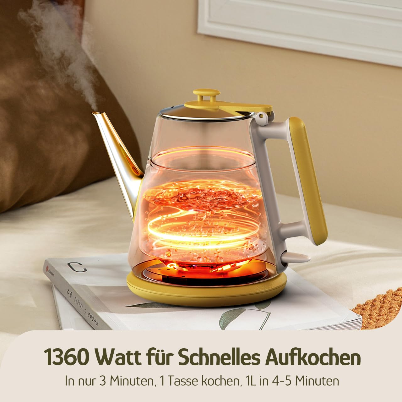 Elektrischer Wasserkocher, 1 Liter, Retro Design, Kleiner Teebereiter, Doppelwand, 304 Edelstahl, 1360W Schnelles Kochen, BPA-frei, automatische Abschaltung