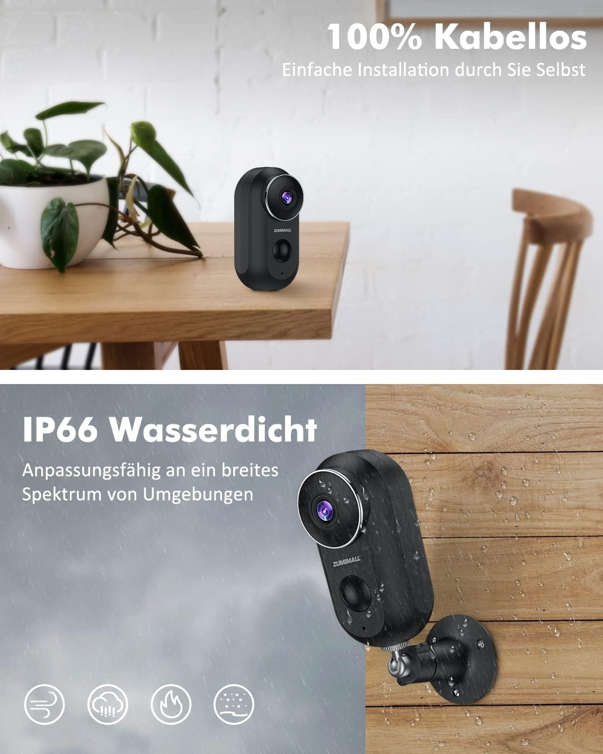 Überwachungskamera Aussen Akku, 2K Kabellose Outdoor WLAN IP Kamera mit PIR Bewegungsmelder, IR Nachtsicht, IP66 Wasserdich, 2-Wege Audio, Cloud/SD Storage, Sirenenalarm