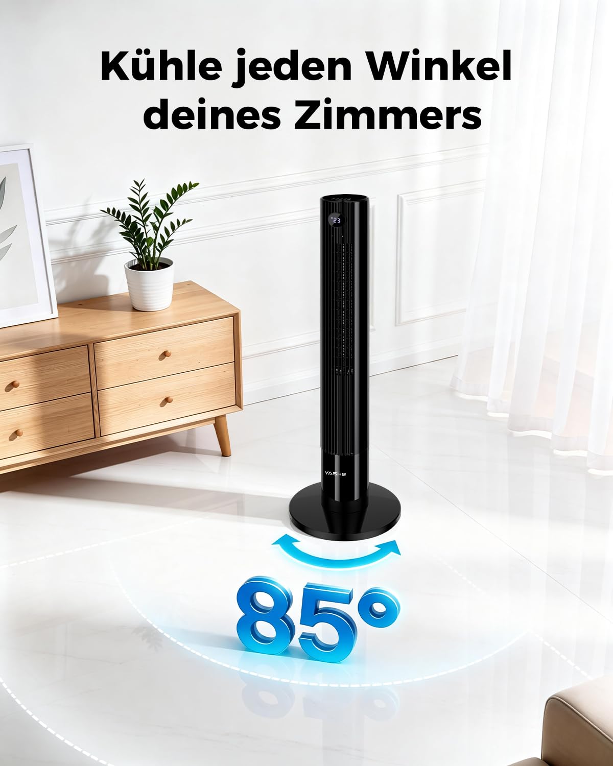 Turmventilator mit Fernbedienung, 85°-Oszillation, leiser Standventilator (28 dB), 3 Geschwindigkeitsstufen, 2 Modi, 12-Stunden-Timer, LED-Anzeige, für Schlafzimmer, Büro und Zuhause