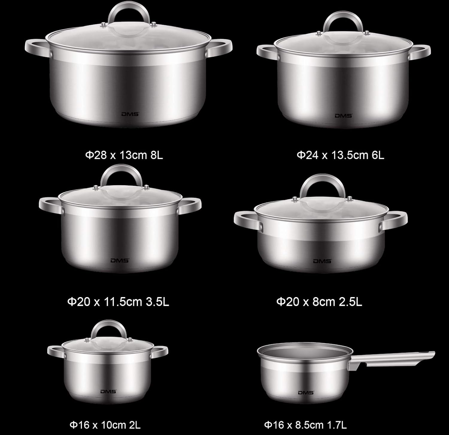 Kochtopfset, hochwertiger Edelstahl, geeignet für Induktions Herde, beschichtetes Kochset, Küchenkochgeschirrset, leicht zu reinigen, Kochtopf, Glasdeckel