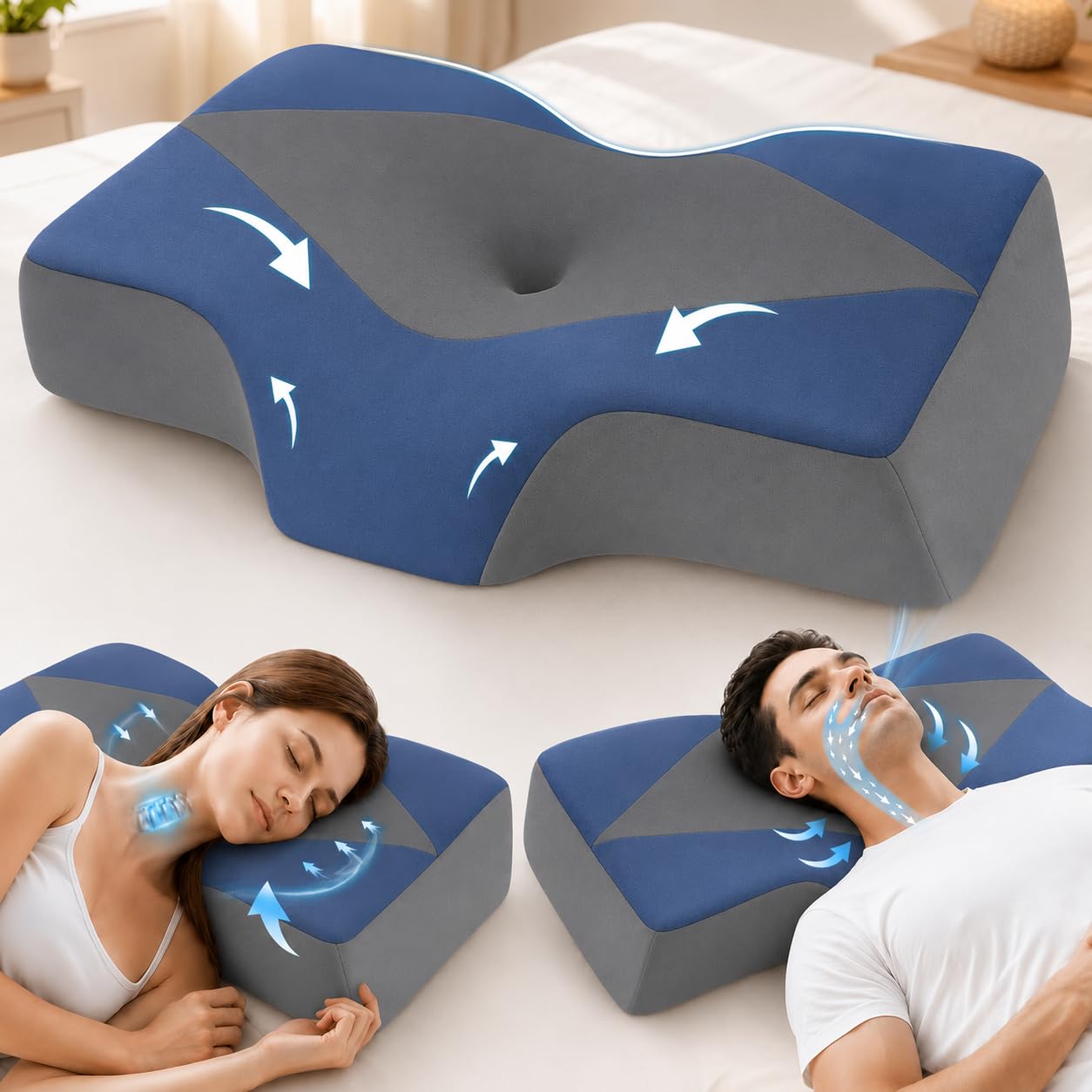Nackenstützkissen gegen Nackenschmerzen, orthopädisches Kopfkissen, ergonomisches Memory Foam Nackenkissen mit 2 Höhen, Hohlraum & kühlendem Bezug, für Seiten- und Rückenschläfer