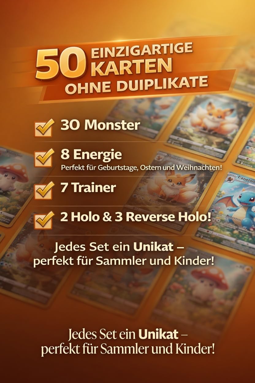 50 Sammelkarten Set Deutsch kompatibel mit Pokemon Karten, ohne Doppelte