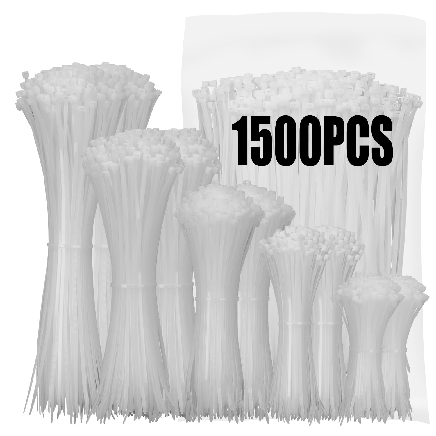 1500 Stück Kabelbinder Schwarz Set, 100/150/200/300 mm(je 300 Stück), UV Beständig Nylon Verschiedene Größen Super Haltbar Selbsthemmend Kabelbinder für Zuhause, Büro, Garten und Werkstatt