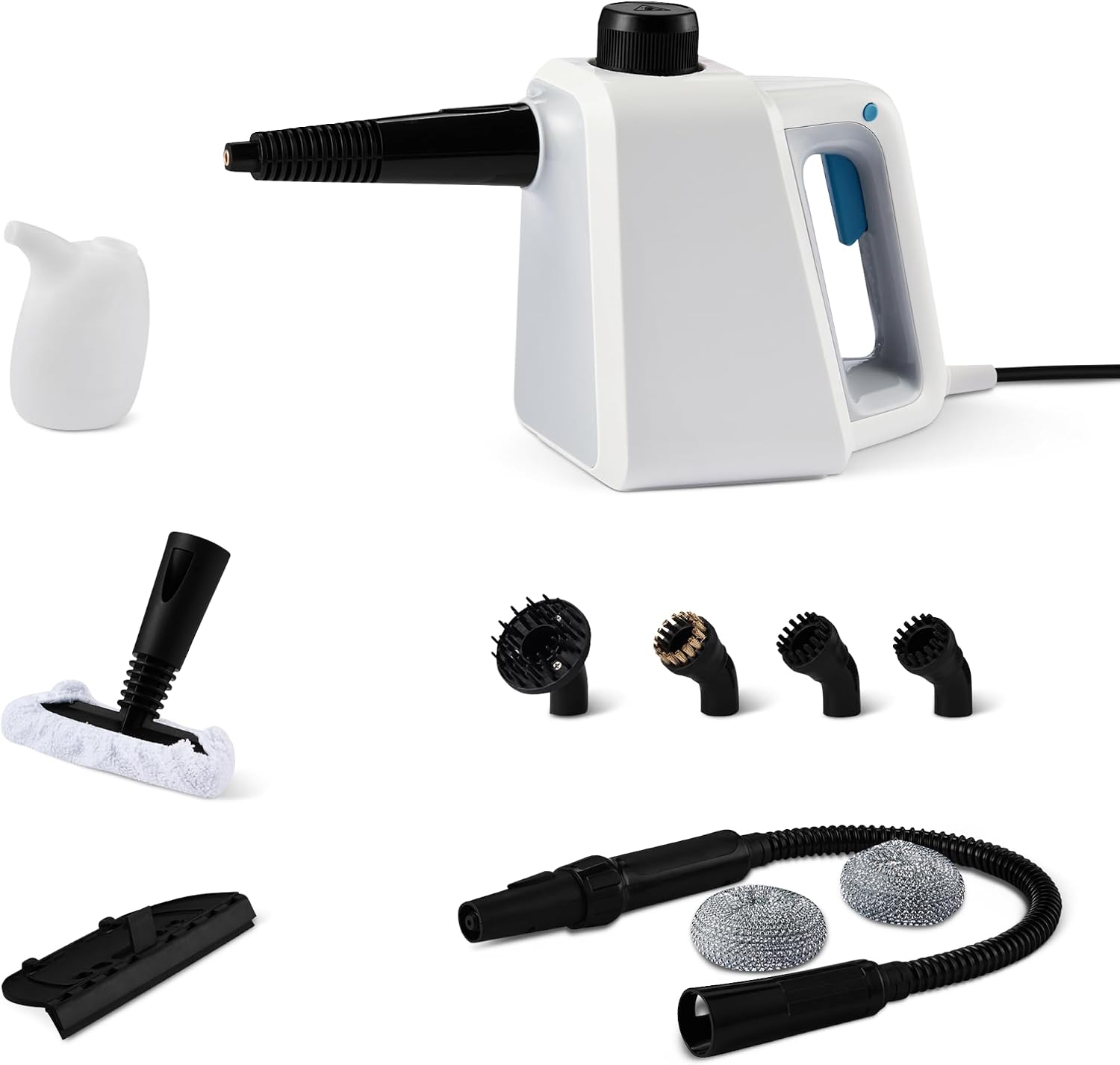 Handdampfreiniger, 1000W, 250-ml-Tank, 9 Zubehörteile, 3,6-m-Kabel, für Bad, Küche, Auto, Weiß