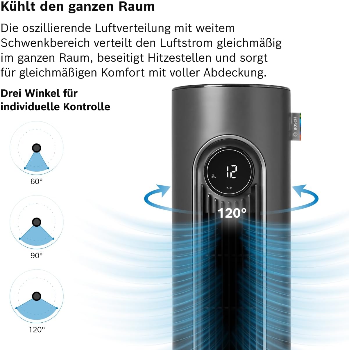 Bosch Tower Fan , Leiser Turmventilator, Midnight Grey | Mit Fernbedienung, 8 Geschwindigkeitsstufen, 90° Oszillation, Nachtmodus & 8-Stunden-Timer, 19 dB(A)