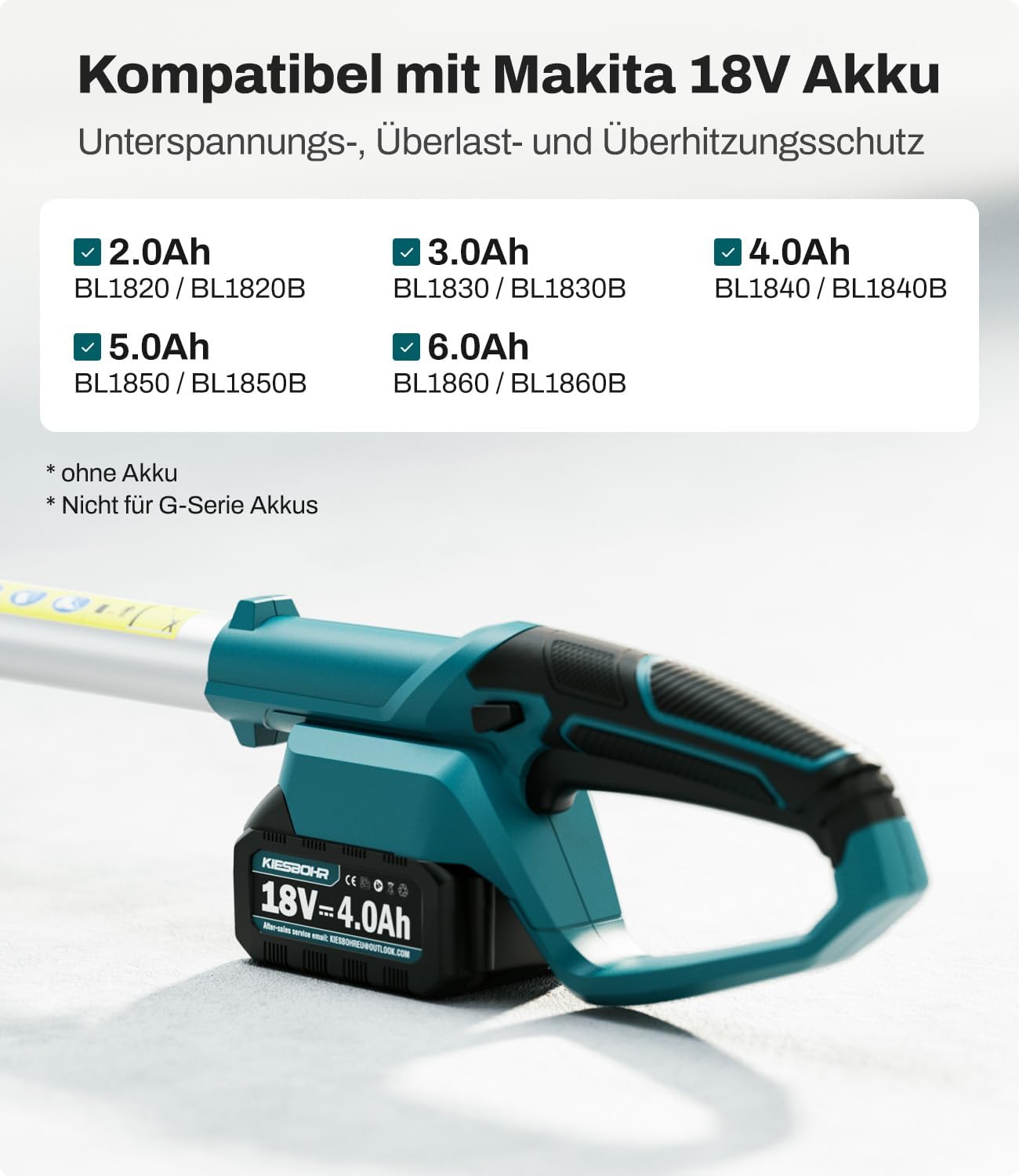 Akku Teleskop-Heckenschere kompatibel mit Makita 18V-Akkus, Schnittbreite 41 cm, Zinkenabstand 16 mm, Höhe bis 262 cm, 11-Fach winkelverstellbarer Schneidkopf