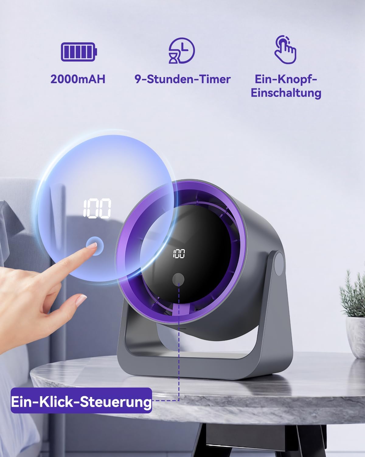 Leiser Turbo Tischventilator mit Digitalem LED-Display, 100-stufig einstellbar & 360° neigbar - 3600mAh USB-wiederaufladbar - Ideal für Büro, Schlafzimmer, Zuhause & Outdoor