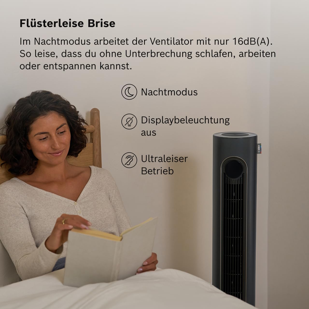 Bosch Tower Fan , Leiser Turmventilator, Midnight Grey | Mit Fernbedienung, 8 Geschwindigkeitsstufen, 90° Oszillation, Nachtmodus & 8-Stunden-Timer, 19 dB(A)