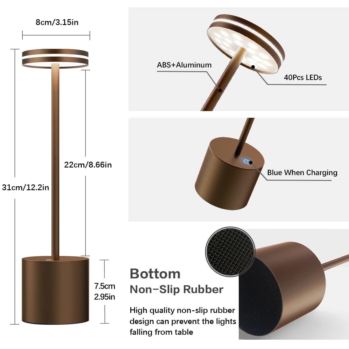 LED Batterie Tischlampen, Wireless, 5000 mAh Modern dimmbar Tischlampe, Aluminium, 3 Farbtemperaturen, Tischlampen Wiederaufladbar für Innen-, Aussen-, Nachttisch, Esstisch, Bar
