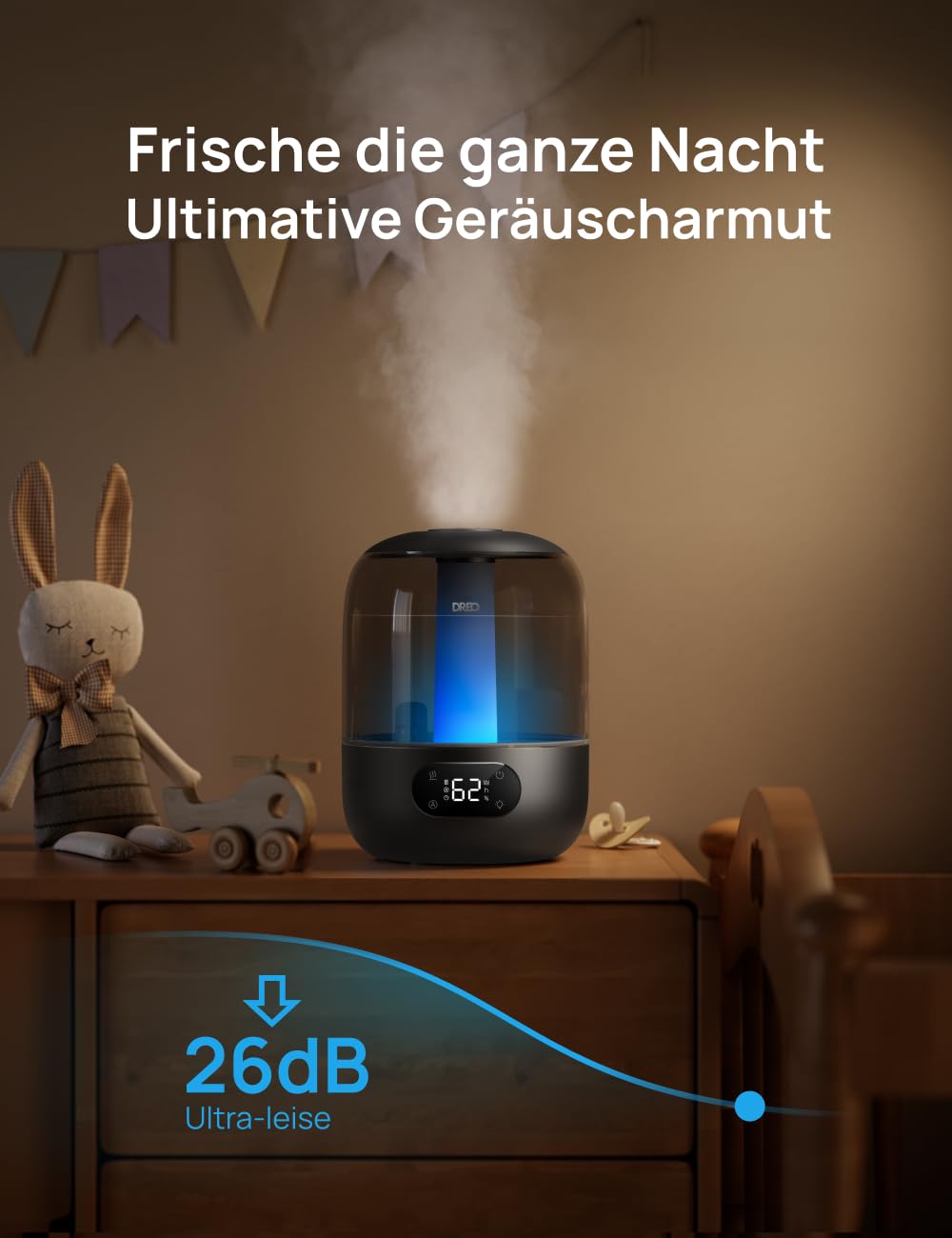 Luftbefeuchter für das Schlafzimmer, Kaltnebel-Ultraschallgerät mit 30 Stunden Laufzeit, 3L Top-Fill-Tank, Feuchtigkeitssensor, Nachtlicht für Babys, Kinderzimmer, für Pflanzen und Zuhause