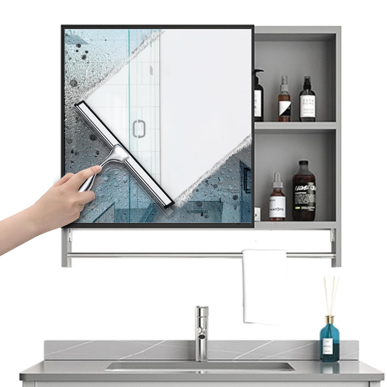 Edelstahl Duschabzieher Mit Selbstklebe Haken, Silber Abzieher Dusche Wischer für Badezimmer, Kurzer Handgriff Glaswischer, Glas Wasserschieber, Duschwand Abzieher, Badwischer