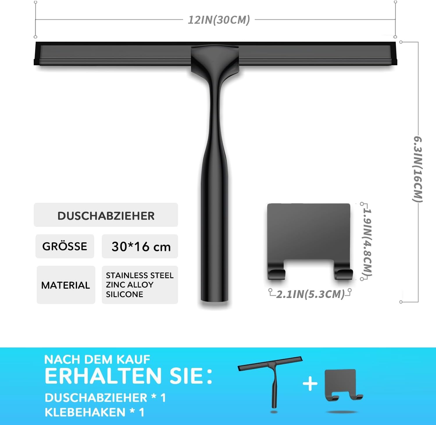 Edelstahl Duschabzieher Mit Selbstklebe Haken, Silber Abzieher Dusche Wischer für Badezimmer, Kurzer Handgriff Glaswischer, Glas Wasserschieber, Duschwand Abzieher, Badwischer