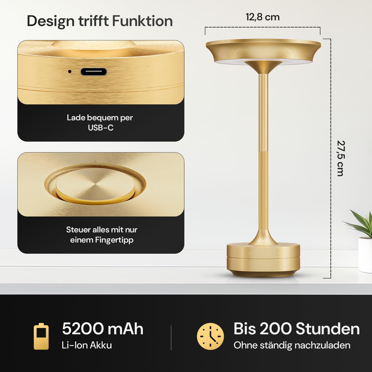 LED Tischlampe Wireless - Stilvolles Design mit Batterie & USB-C - 3 Lichtfarben & Dimmfunktion - Drahtlose Freiheit für Outdoor & Indoor - Dimmbare Batterietischlampe Wiederaufladbar