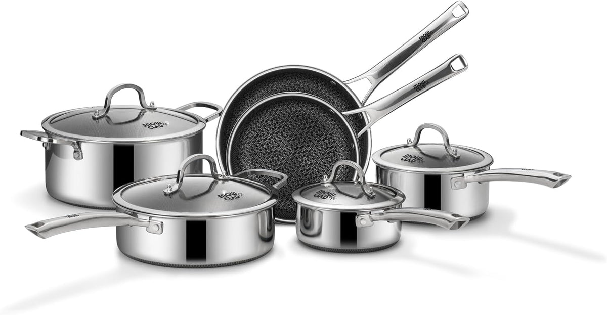 Topfset Edelstahl 10-teilig, Induktions Töpfe Set mit Antihaft, 20&24cm Bratpfanne, 1,5&2,5L Stielkasserolle, 5,8L Kochtopf, 2,8L Sautepfanne, Topfset für Alle Herdarten, Ofen & Spülmaschinengeeignet