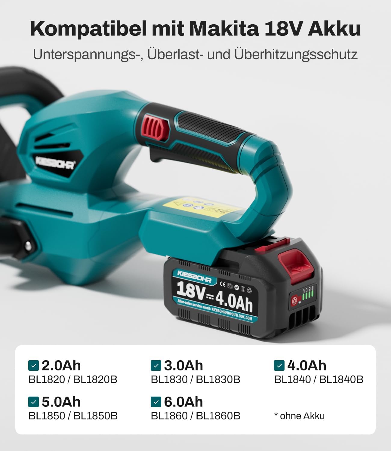 Akku Heckenschere Kompatibel mit Makita 18V Akku, 59 cm Schnittlänge, 18 mm Zahnabstand, Winkelverstellbarer Griff, Elektro Heckenschere