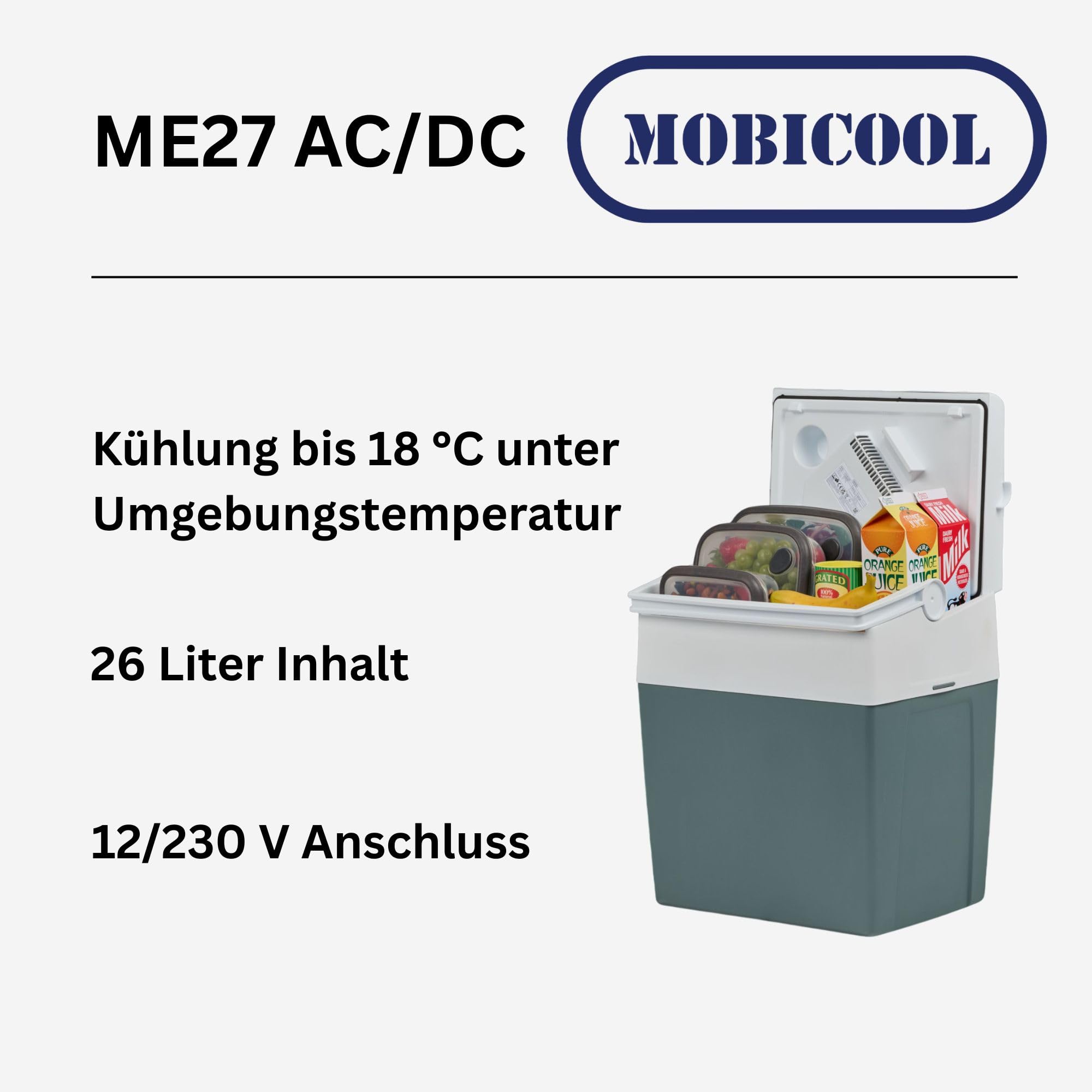 Elektrische Kühlbox, 12V und 230V, 26L, blau - Mini-Kühlschrank für Auto, Camping, Urlaub, Boot, Festivals - leicht, tragbar, mit praktischem Kabelfach und Eco/Max Modus