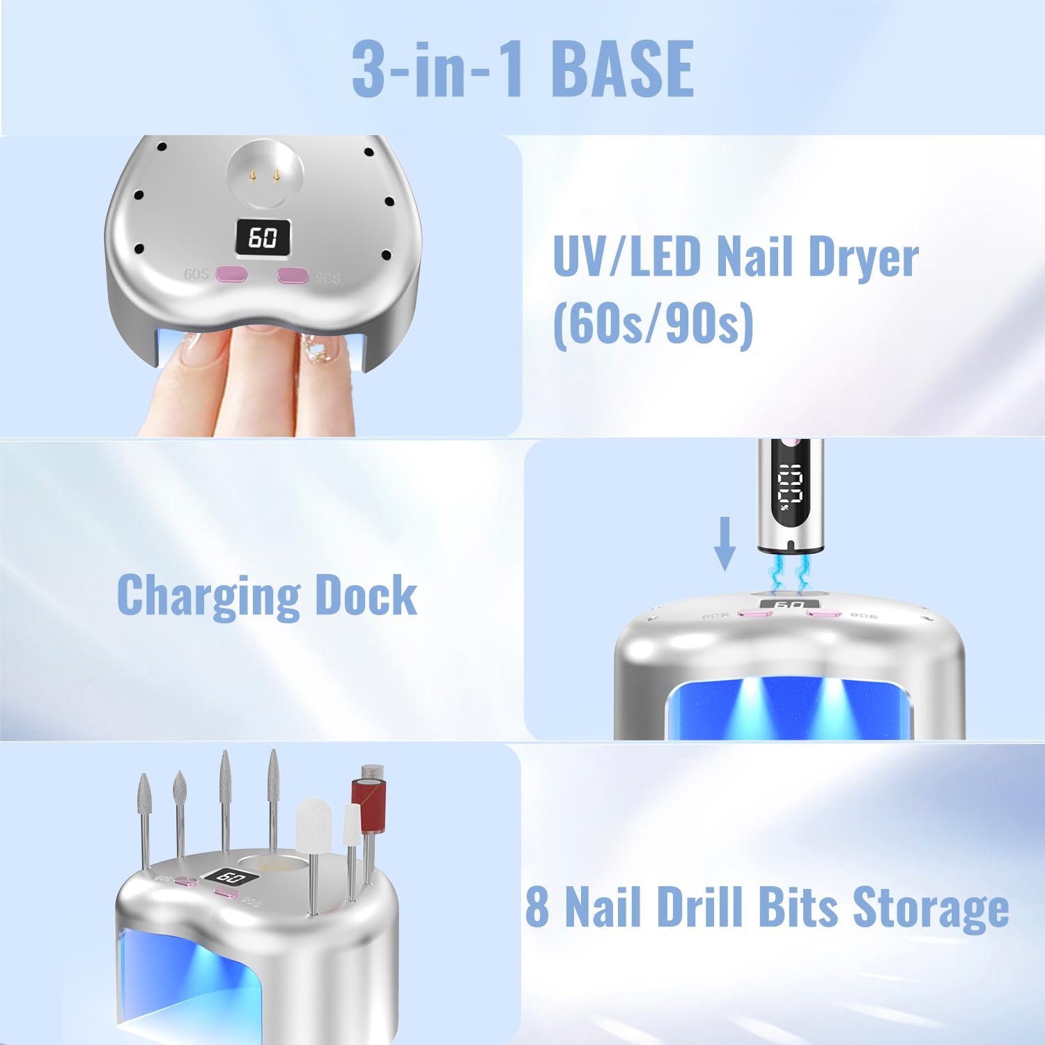 Nagelfräser Kabellos, Elektrische Nagelfeile Professionelle 2 in 1 Fräser für Gelnägel Acrylnägel mit Nagel UV LED Lampe, Maniküre und Pediküre Set Nail Drill 35000 U/Min Schwarz