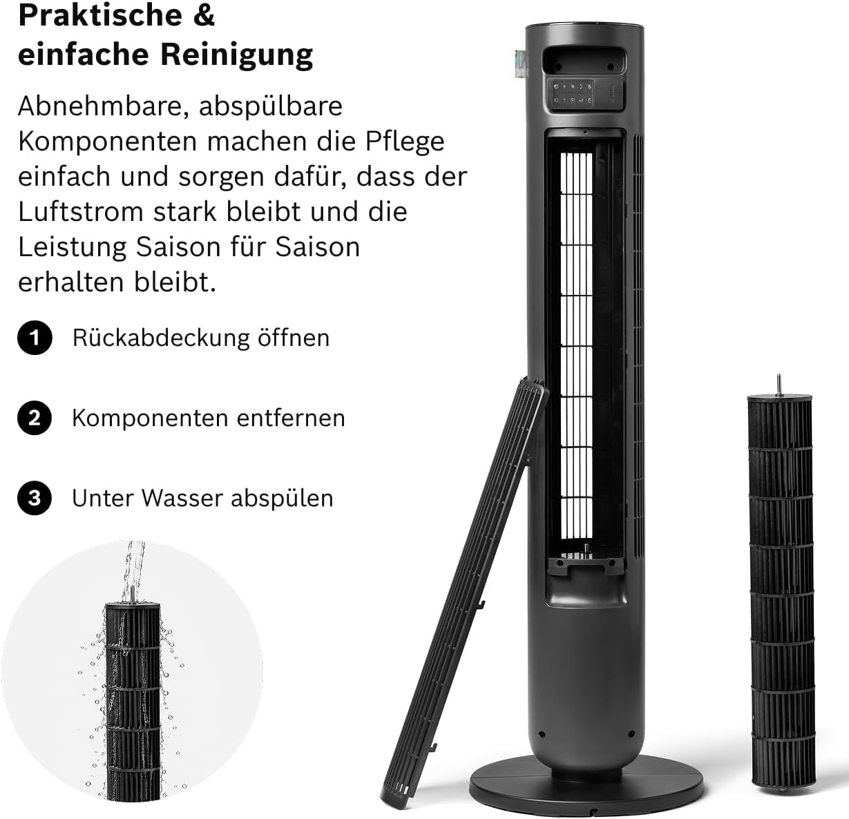 Bosch Tower Fan , Leiser Turmventilator, Midnight Grey | Mit Fernbedienung, 8 Geschwindigkeitsstufen, 90° Oszillation, Nachtmodus & 8-Stunden-Timer, 19 dB(A)
